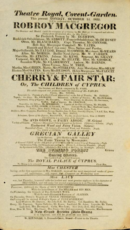 Handbill for Theatre Royal, Covent Garden. October 14, 1822