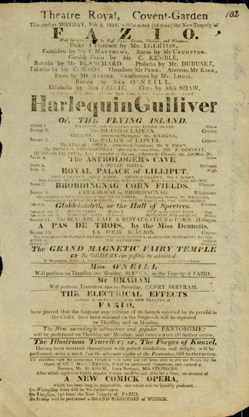 Handbill for Theatre Royal, Covent Garden. February 9, 1818