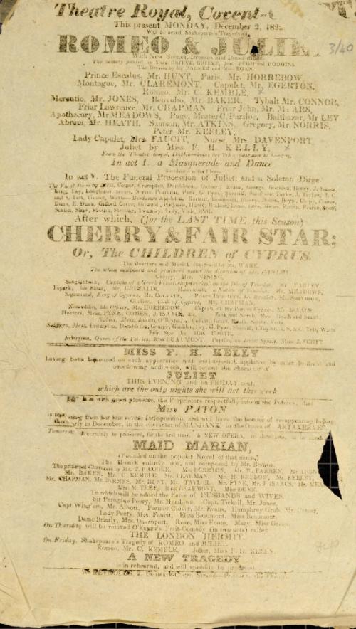 Handbill for Theatre Royal, Covent Garden. December 7, 1822