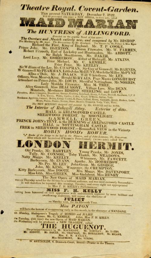 Handbill for Theatre Royal, Covent Garden. December 7, 1822