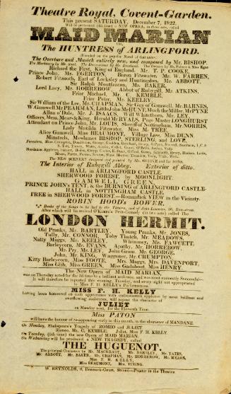 Handbill for Theatre Royal, Covent Garden. December 7, 1822