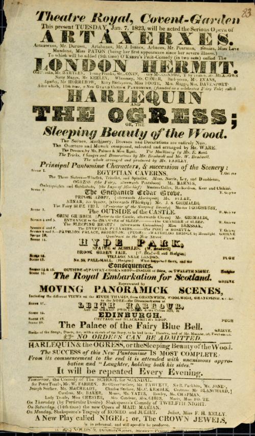 Handbill for Theatre Royal, Covent Garden. January 7, 1823