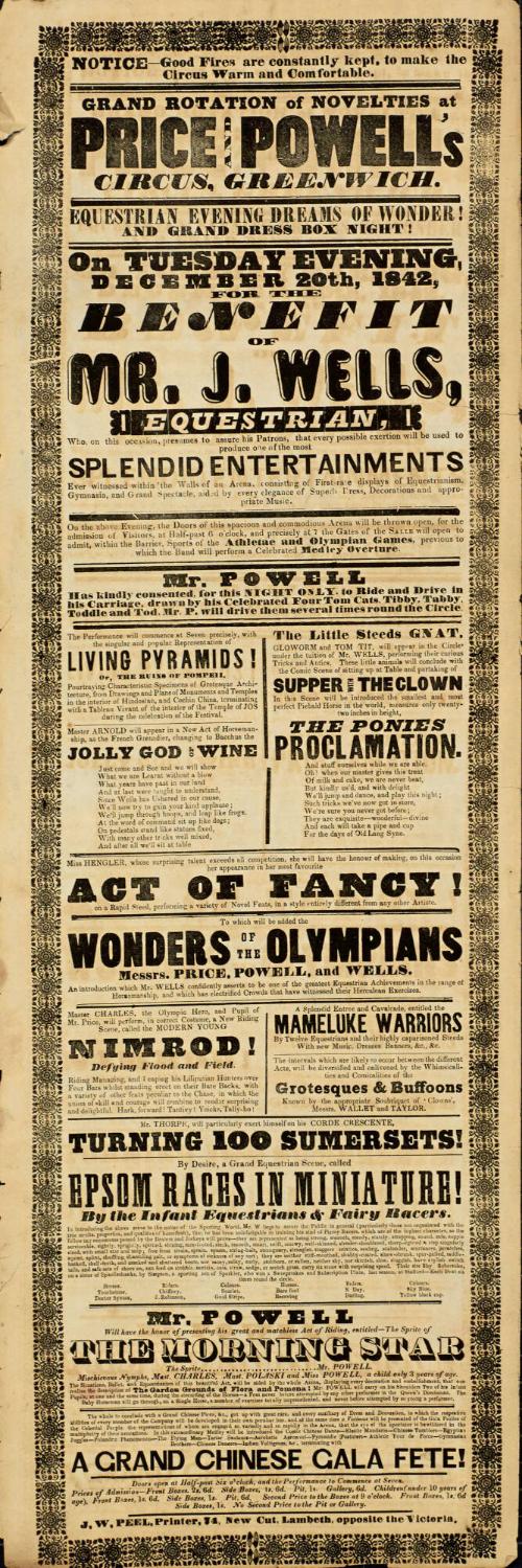 Playbill for Price & Powell's Circus, Greenwich. December 20, 1842
