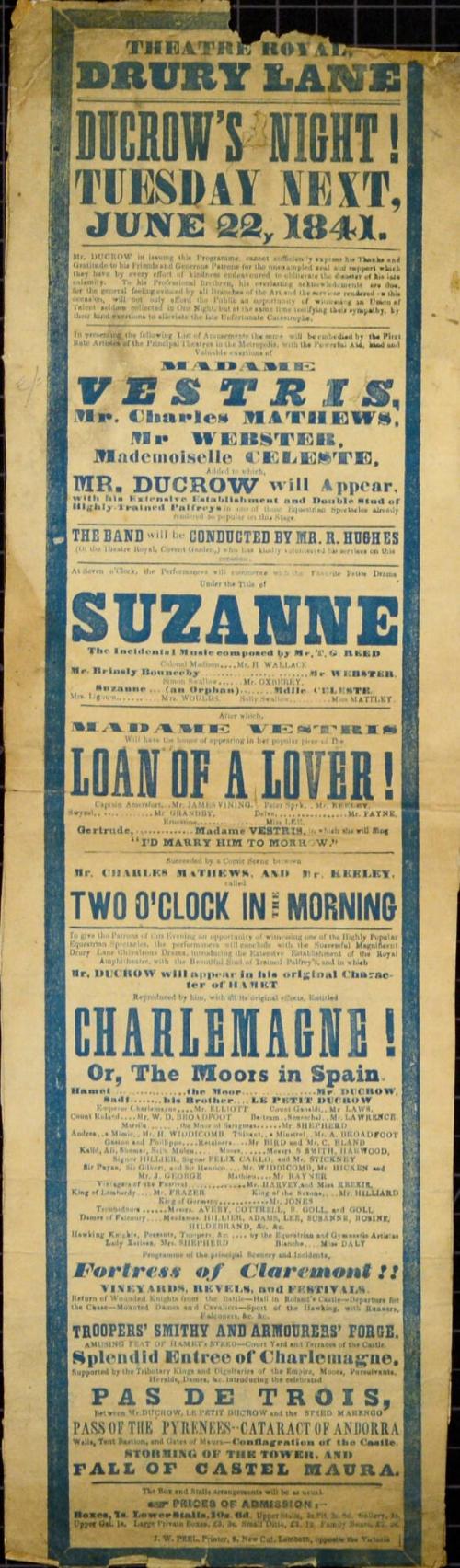 Playbill for Theatre Royal, Drury Lane. June 22, 1841