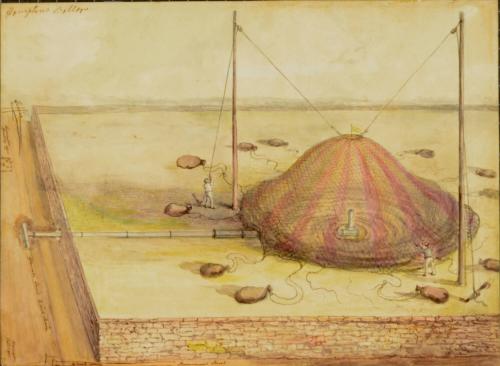 Drawing of a hot air balloon inflation, Oxford England