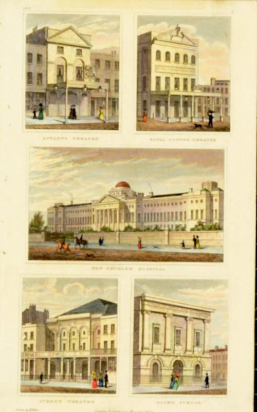 Book page of exterior views of London Theaters