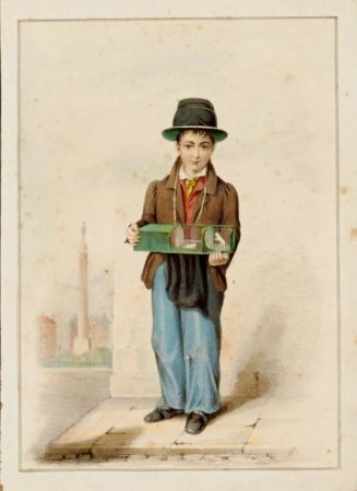Street child with performing animal in cage