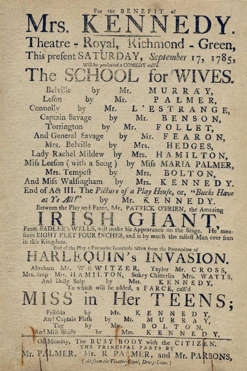 Handbill for Theatre-Royal, Richmond-Green. September 17, 1785