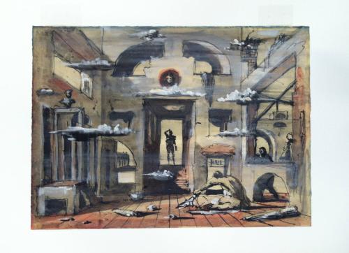 Design for Stage Set, interior of a house with a figure visible in a doorway at center