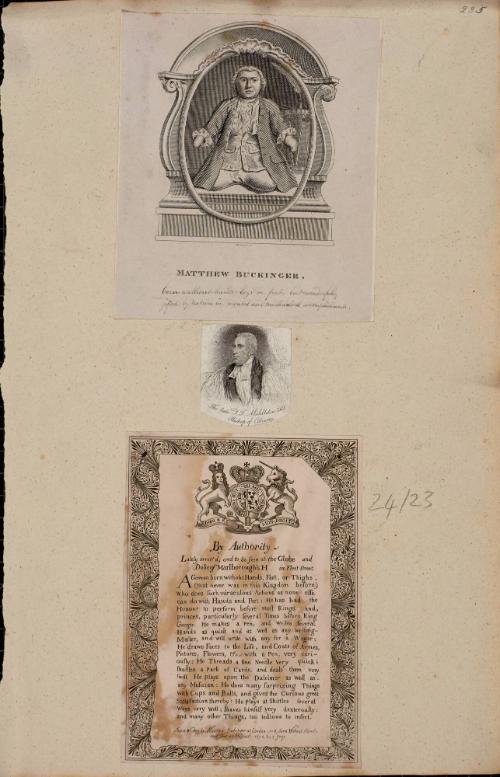 Scrapbook page with three prints related to Matthew Buckinger