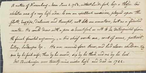 Handwritten biographical description of Matthew Buchinger