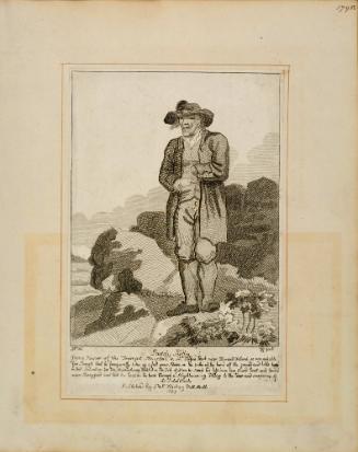 Scrapbook page containing an engraving of the strongman, Paddy Kelly