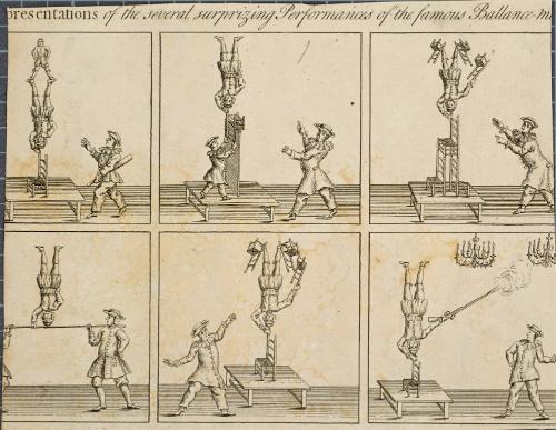 Representations of the several surprizing Performances of the Ballance-Man Mons Brila, as they are perform'd every evening at ye New Wells in Goodmans Field