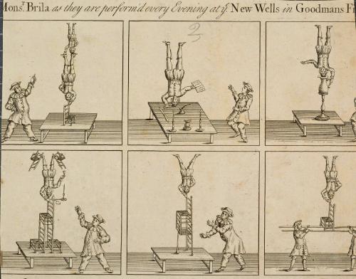 Representations of the several surprizing Performances of the Ballance-Man Mons Brila, as they are perform'd every evening at ye New Wells in Goodmans Field