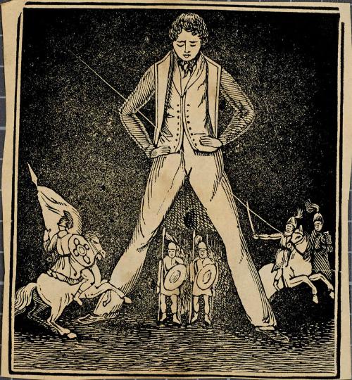 Woodblock scrap print of a giant straddling soldiers