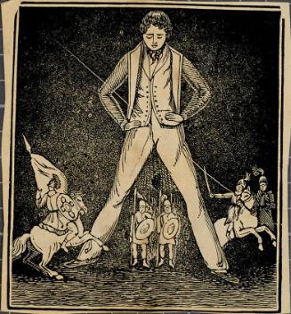 Woodblock scrap print of a giant straddling soldiers