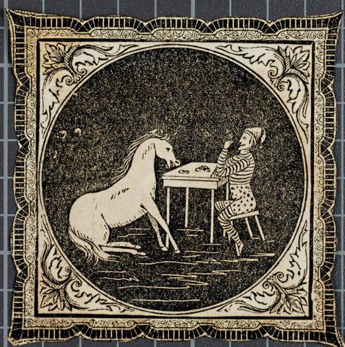 Scrap print of a clown eating at a table with a horse