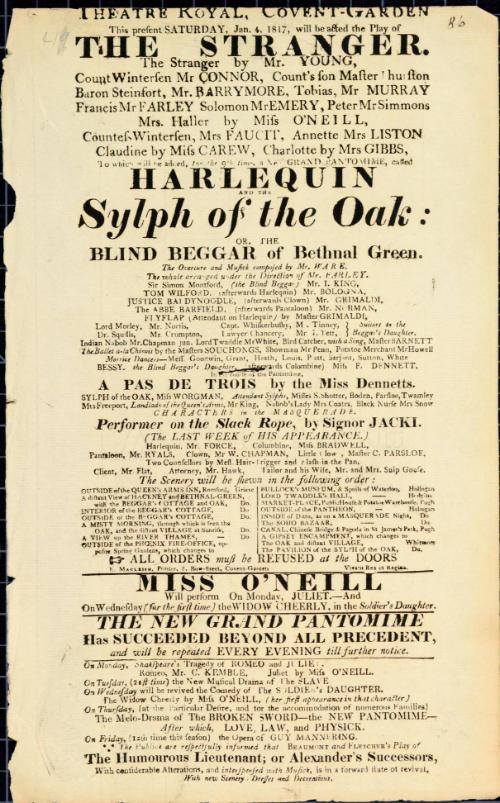 Handbill for Theatre Royal, Covent Garden. January 4, 1817