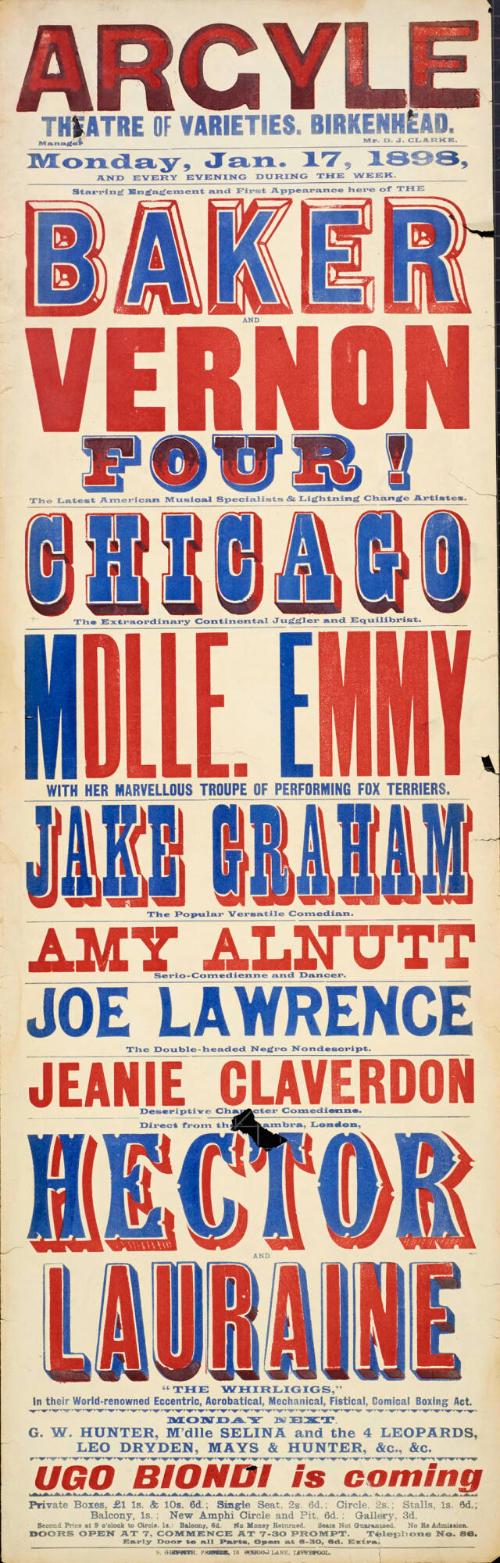 Playbill for Argyle Theatre, Birkenhead. 1898