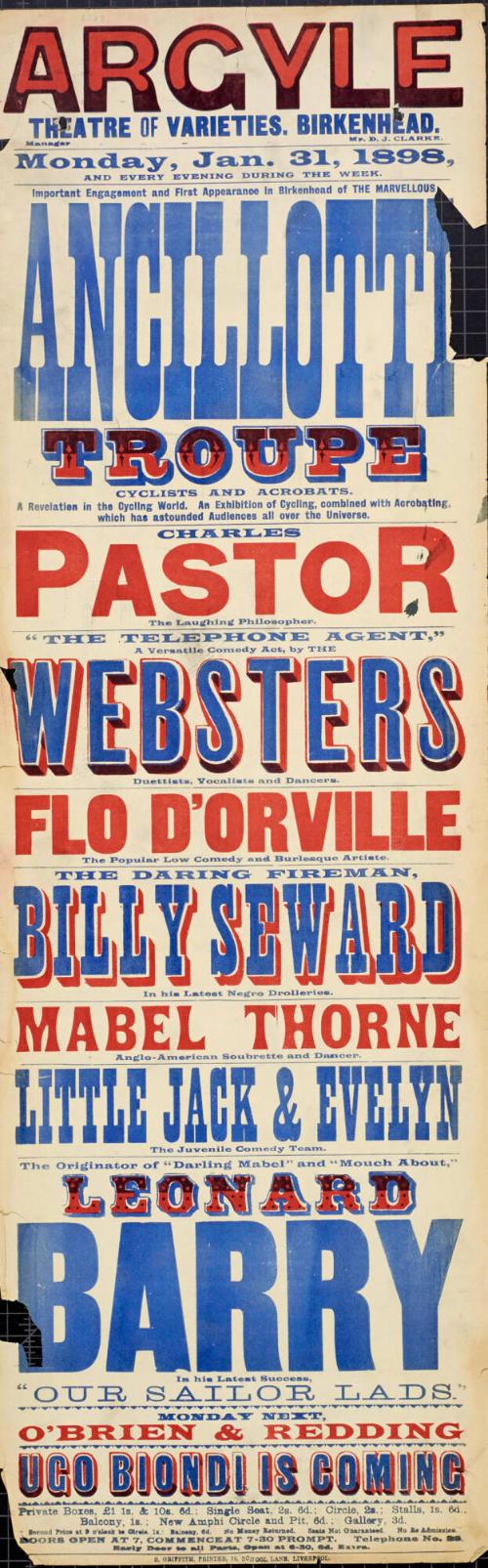 Playbill for Argyle Theatre, Birkenhead. 1898