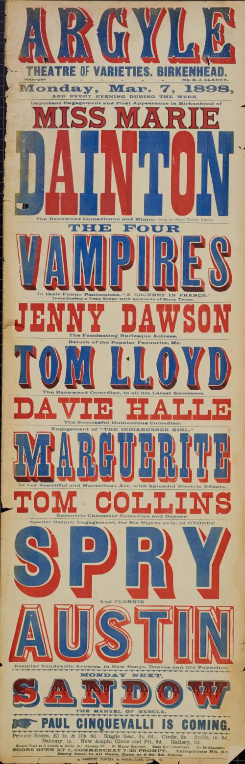 Playbill for Argyle Theatre, Birkenhead. 1898