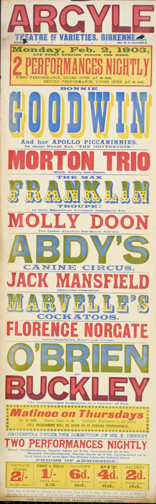 Playbill for Argyle Theatre, Birkenhead. 1903