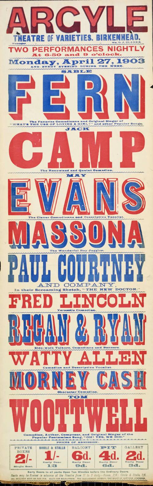 Playbill for Argyle Theatre, Birkenhead. 1903