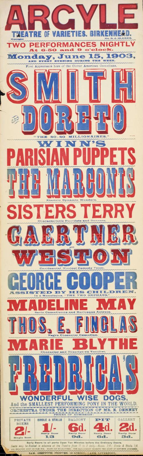 Playbill for Argyle Theatre, Birkenhead. 1903