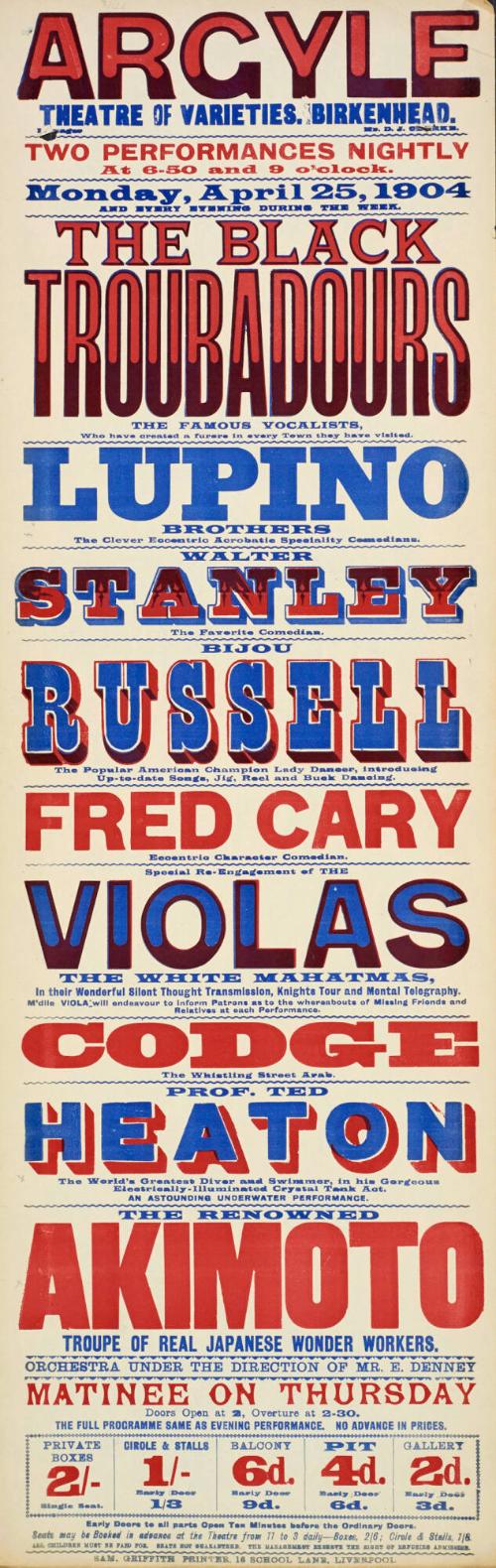 Playbill for Argyle Theatre, Birkenhead. 1904
