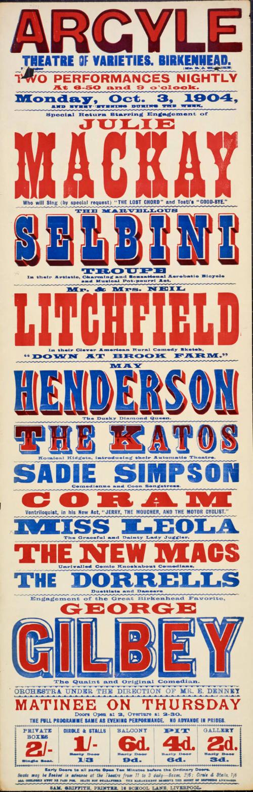 Playbill for Argyle Theatre, Birkenhead. 1904