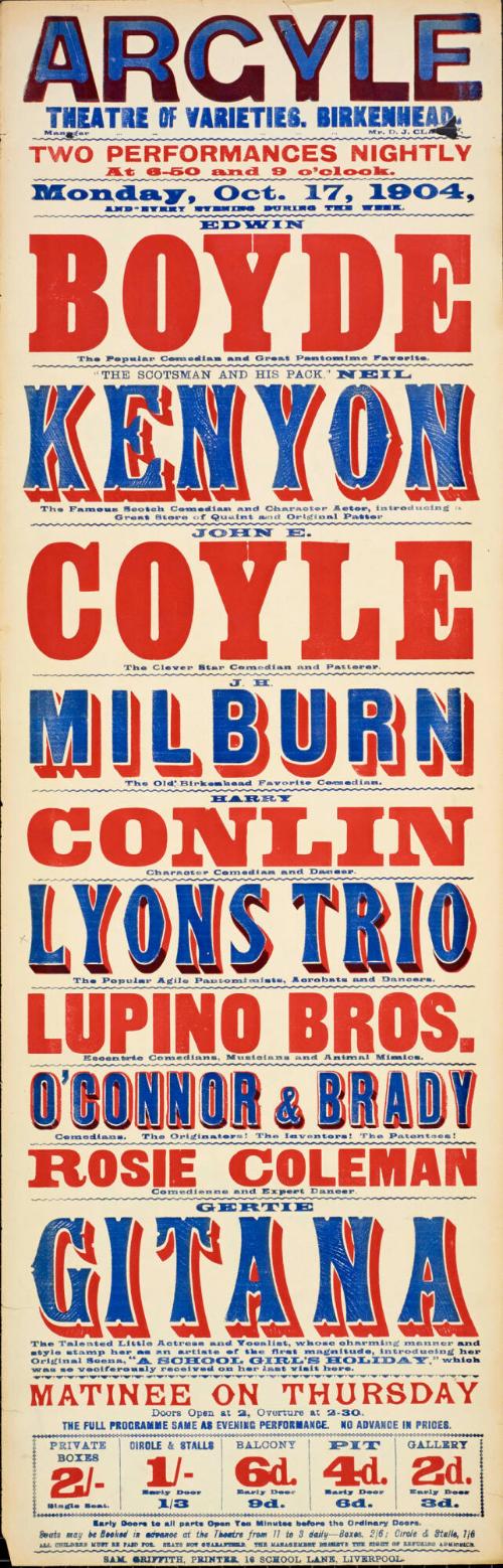 Playbill for Argyle Theatre, Birkenhead. 1904