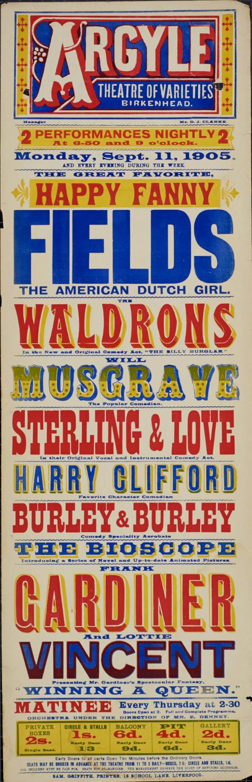 Playbill for Argyle Theatre, Birkenhead. 1905