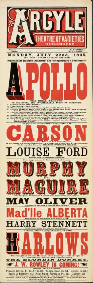 Playbill for Argyle Theatre, Birkenhead. 1895