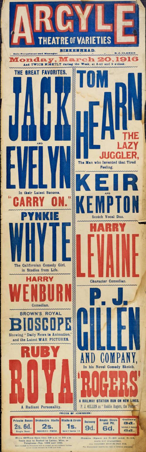 Playbill for Argyle Theatre, Birkenhead. 1916