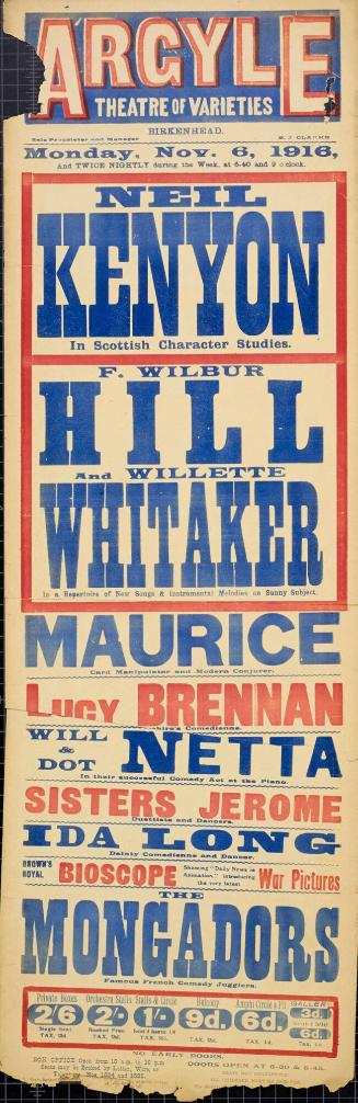 Playbill for Argyle Theatre, Birkenhead. 1916