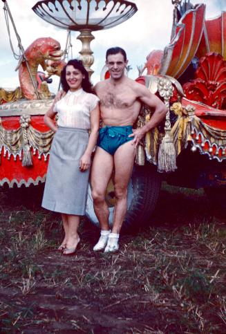 Two performers in front of Bullhead float