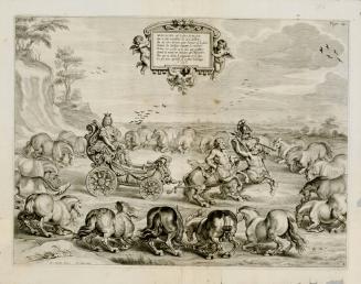 Chariot being pulled by centaurs surrounded by bowing horses;  from The Marquis of Newcastle's series A General System of Horsemanship