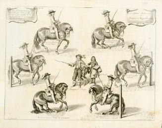 Horses training to gallop in circles around posts; from The Marquis of Newcastle's series A General System of Horsemanship