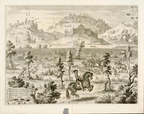 Horses performing hunt with castle in the background; from The Marquis of Newcastle's series A General System of Horsemanship