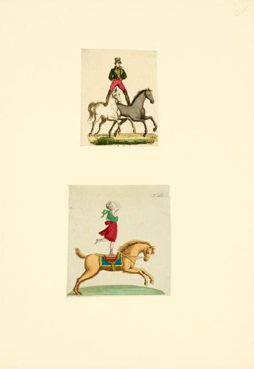 Two equestrian prints pasted on a page