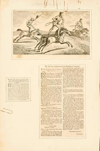 Page with two clippings and one print, related to equestrian performer Mr. Johnson