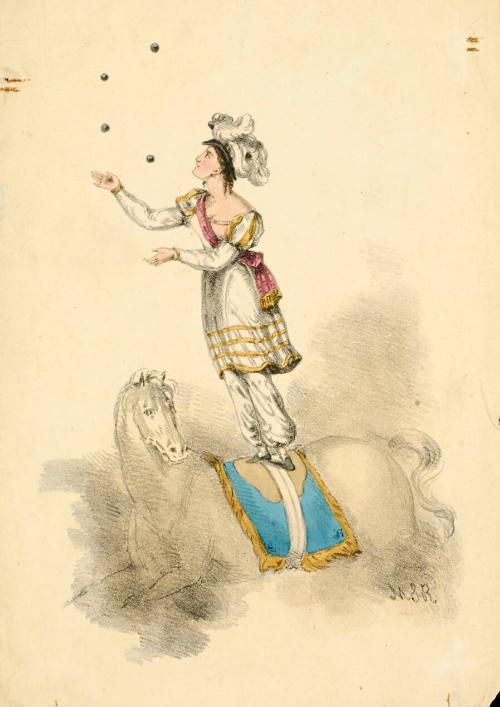 Female juggler standing on horseback