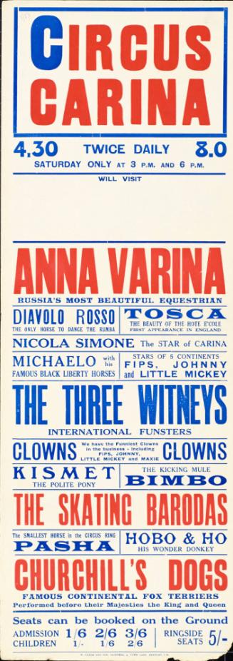 Playbill for Circus Carina, Newport, Isle of Wight. no date