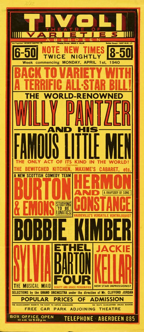 Playbill for Tivoli Theatre, Aberdeen. April 1, 1940