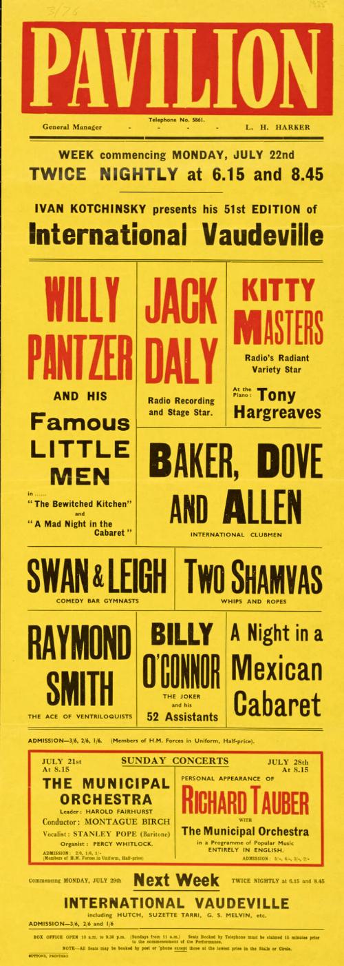 Playbill for Pavilion Theatre, Bournemouth. July 22, 1935