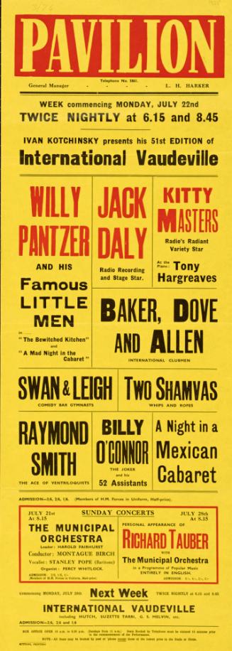Playbill for Pavilion Theatre, Bournemouth. July 22, 1935