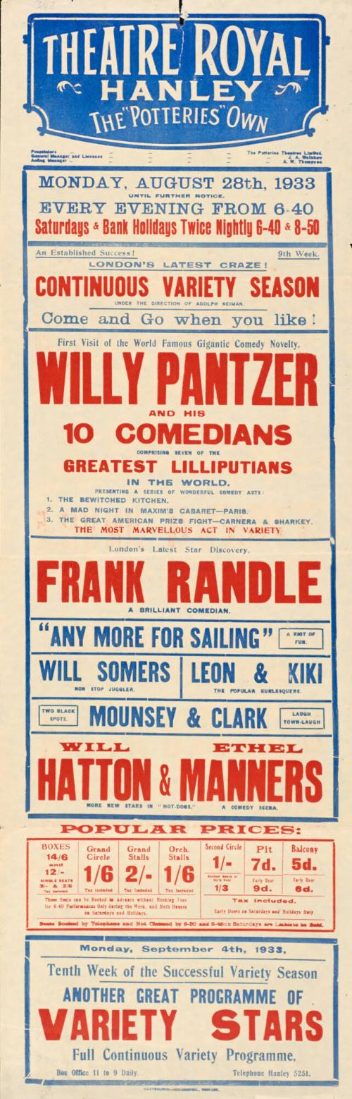 Playbill for Theatre Royal, Hanley. June 28, 1933