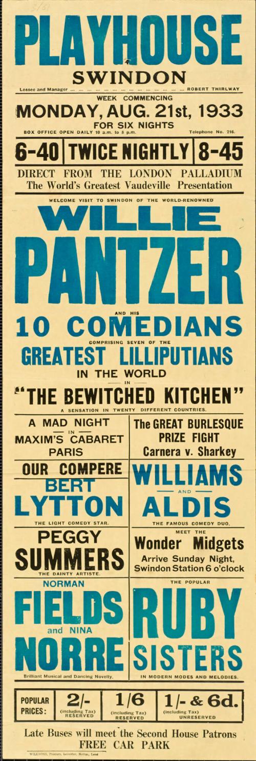 Playbill for Swindon Playhouse, Swindon. August 21, 1933