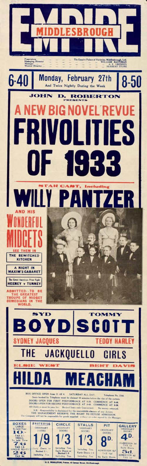 Playbill for Middlesbrough Empire, Middlesbrough. February 27, 1933