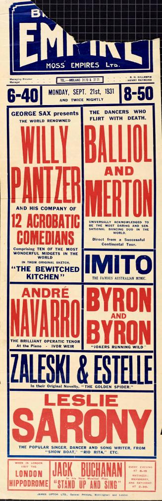 Playbill for Birmingham Empire, Birmingham. September 21, 1931